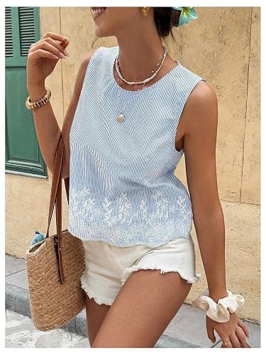 MakeMeChic Women's Striped Floral Blouse Crew Neck Embroidery Sleeveless Summer Tops thumbnail 4