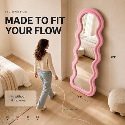 BOJOY Full Length Mirror 63"x24", Irregular Wavy Mirrors, Wave Arched Floor Mirror, Wall Mirror Standing Hanging or Leaning Against Wall for Bedroom, Flannel Wrapped Wooden Frame Mirror-Pink thumbnail 2