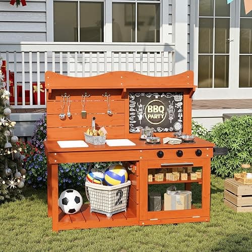 BRINJOY Outdoor Mud Kitchen Playset for Kids with Spray Pipe | Wooden Pretend Play Kitchen Set with Removable Sinks, Blackboard, Kitchenware, Stove,Backyard Garden Kitchen thumbnail 2