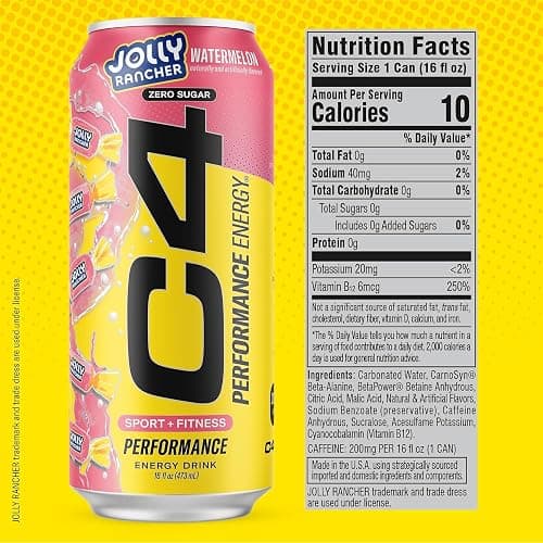 Cellucor C4 Performance Energy Drink | JOLLY RANCHER Watermelon | Zero Sugar Carbonated Preworkout Energy | 200mg Caffeine with Beta Alanine | 16 Fl Oz (12 Pack) thumbnail 2