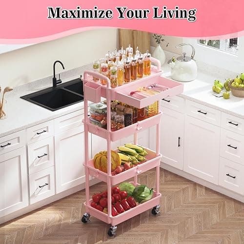 SUNALLY 4 Tier Rolling Utility Cart with Drawer, Storage Organizer Cart with 2 Lockable Wheels, Multifunctional Rolling Storage Cart for Bathroom, Kitchen, Craft, Makeup, Baby Essentials, Pink thumbnail 2