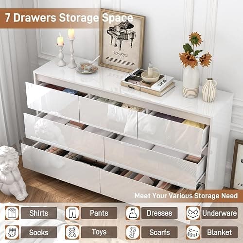 jiteentarou White Malm Dresser for Bedroom, 55 Inch Full High Gloss Dresser with 7 Drawers, Modern Large Wood Chest of Drawer Handle Free, Living Room, Entryway, Hallway, White thumbnail 3