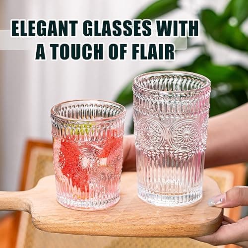wookgreat Vintage Drinking Glasses Set of 12, Textured Clear Striped Glass Cups-6 Highball Glasses 13oz & 6 Rocks Glasses 10oz, Ribbed Glassware Set, Mojito Cups, Cocktail Glass, Iced Coffee Cup thumbnail 7