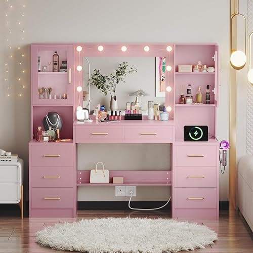 58.3" Makeup Vanity Desk with Charging Station, Pink Makeup Dressing Table with Mirror & Lights, 3 Lighting Modes Adjustable Brightness, Vanity Table with Power Outlet & 8 Drawers without Stool thumbnail 7