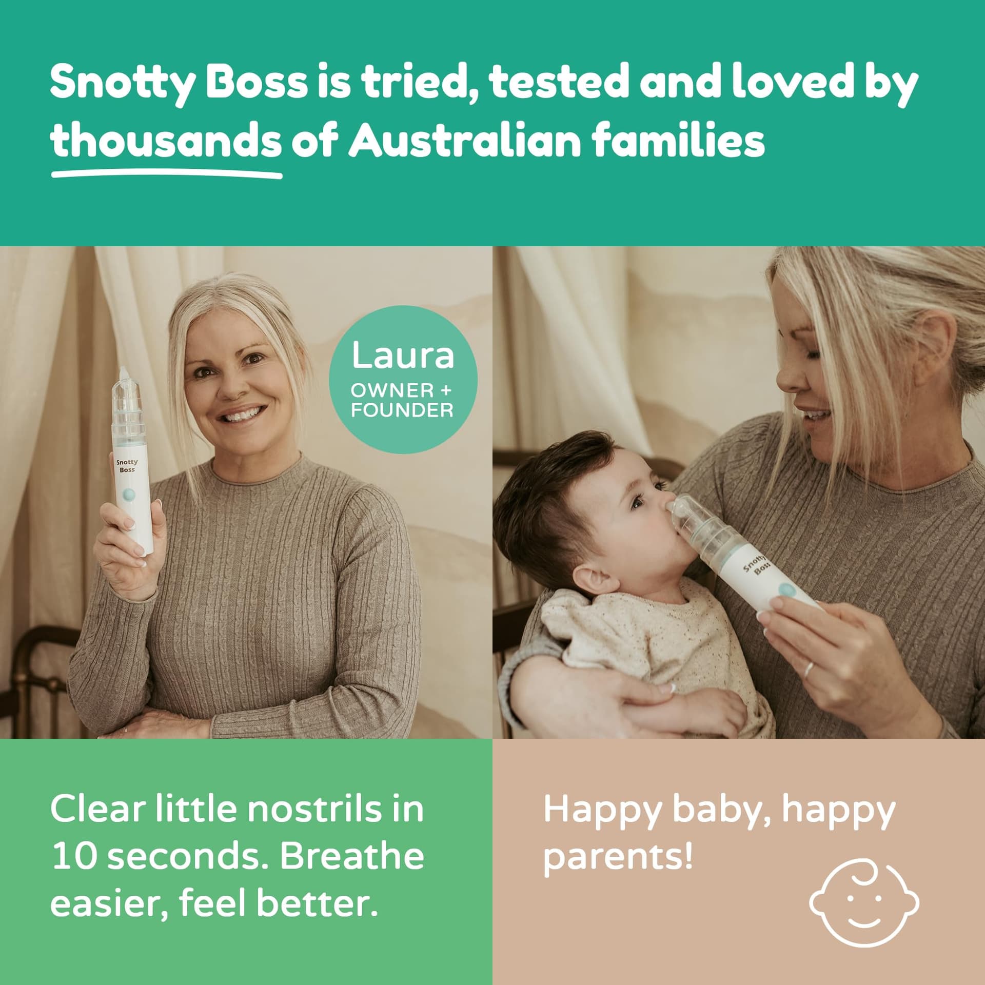 Snotty Boss Baby Nasal Aspirator - Electric Nose Sucker for Baby - Auto Snot & Nose Cleaner Kit with 4 Silicone Tips, Carry Bag & Saline Spray Bottle - AA Battery Operated - Australian Owned thumbnail 5