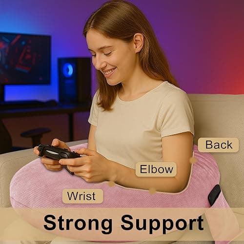 DWCN Reading Pillow for Gaming, Gaming Pillow for Lap Support with Side Pocket & Back Strap for Bed, Sofa, Floor - Arm Rest Pillow for Playing, Working, Sitting, Crocheting (Pink) thumbnail 4