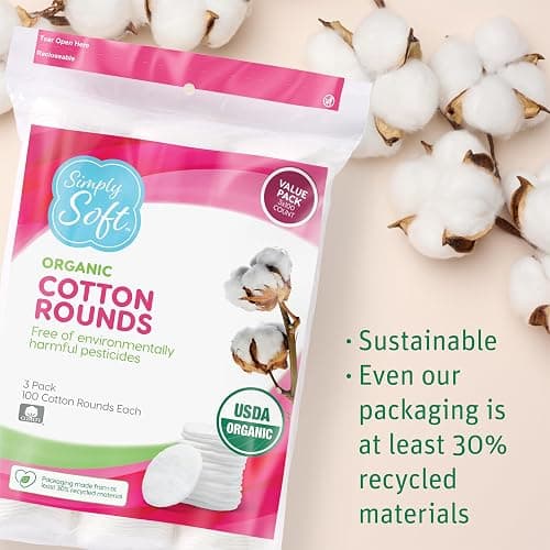 Simply Soft Premium Organic Cotton Rounds, 100 Count (Pack of 3), 100% Cotton Pads, Certified Organic, Hypoallergenic, Soft & Absorbent for Beauty, Cosmetics, Skin Care, Lint Free thumbnail 7