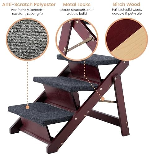 MEWANG Wooden Pet Stairs/Pet Steps - 3-in-1 Foldable Stairs & Ramp for Beds and Cars - Portable Dog/Cat Ladder Up to 220 Pounds - Great for Small and Older Animals(Brown) (24.8" L x 17.2" W x 19.5" H) thumbnail 7