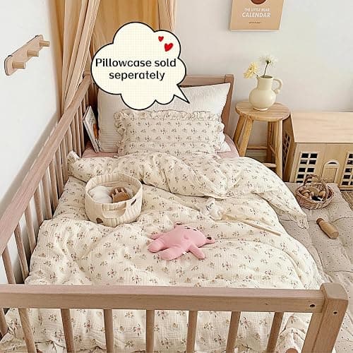 BuLuTu Muslin Cotton Toddler Duvet Cover Soft Double Layers Gauze Bedding Duvet Covers for Toddler Girls Kids Quilt Cover, 47"x59", Azalea Print (No Pillow Cases) thumbnail 2