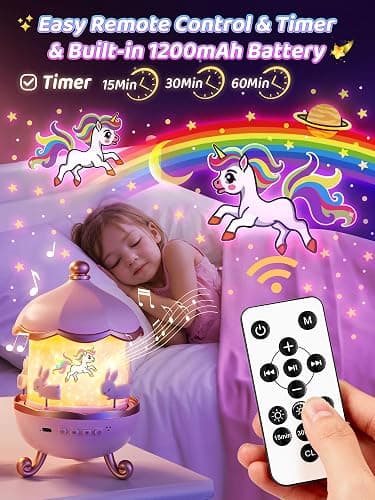 Carousel Night Light for Kids,15 Music+15 Films+315 Colors Star Projector for Kids Night Light Projector,360°+Remote+1200mah Unicorn Toys for Girls Room Decor,Autism Toys,Toddler Gifts for Girls Baby thumbnail 8