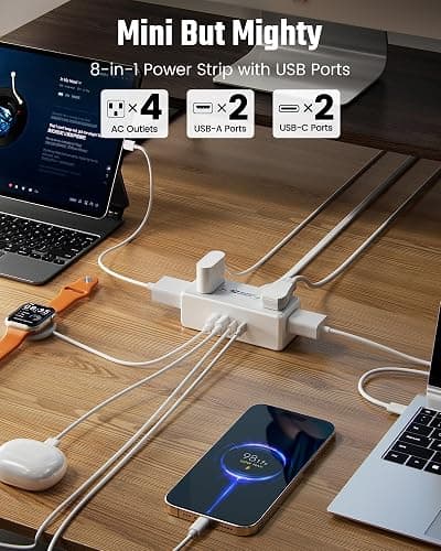 6 Ft Flat Plug Extension Cord with Multiple Outlets, SUPERDANNY Surge Protector Power Bar with 4 Outlets & 4 USB Ports (2 USB C), Small Outlet Extender for Home, Office Supplies, Dorm, Travel, White thumbnail 2