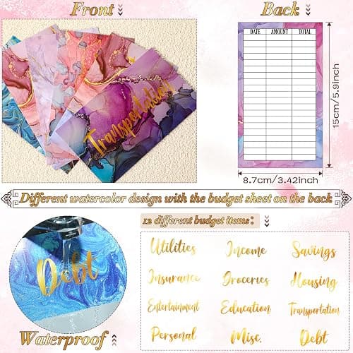 24 Pieces Budget Sheets Expense Tracker Sheets Budget Cash Envelopes A6 Pockets Binder Zipper Folders Money Organizer System (Watercolor Style) thumbnail 3