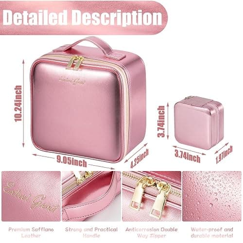 Extrei Gent Makeup Travel Train Case with Mirror LED Light 3 Adjustable Brightness Large Cosmetic Bag Portable Storage Adjustable Partition Waterproof Makeup Brushes Make up Jewelry Gift for Women - Roses thumbnail 3
