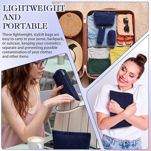 Huhumy 3 Pcs Corduroy Makeup Bag Set for Women, Dark Blue, Solid Style | Cosmetic Pouch Aesthetic Travel Toiletry Bag Cute Purse Pouch Makeup Brushes Storage Organizer with Zipper thumbnail 6