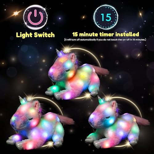 Hopearl LED Plush Unicorn Lighting Up Stuffed Mommy Unicorn with 3 Baby Unicorns in her Tummy Stuffed Animal Playset Night Lights Glow in The Dark for Mom Toddler Girls, Rainbow, 19'' thumbnail 4