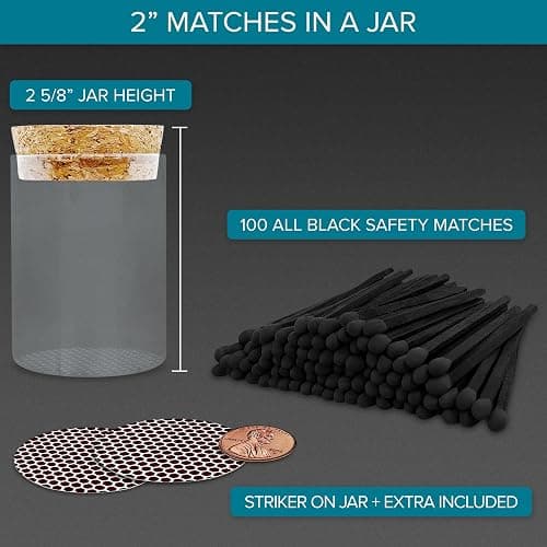 Thankful Greetings 2" All Black Matches in a Jar + Striker Stickers Included | 100 Black Stick Black Tip Decorative Safety Matches w/Cork Top Glass Holder | Gifts, Home Decor, & Candle Accessories thumbnail 2