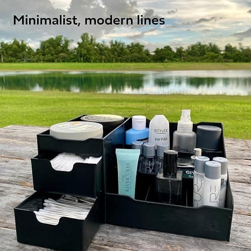 UNCLUTTERED DESIGNS Large Black Cosmetic Organiser - Organiser Box With Drawers for Aftershave, Deodorant, Beard, Shaving Lotion, Perfume & Skincare - Perfect for Mens Bathroom & Bedroom Storage thumbnail 3