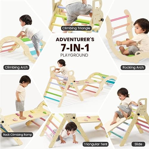 BlueWood Pikler Triangle Set, Toddler Wooden Climbing Toys Indoor 7in1 Foldable Climber for Kids, Montessori Philosophy Play Jungle Gym with Arch, Ramp, Ladder (Colorful Spring) thumbnail 3