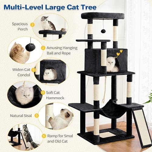 ABCPET Cat Tree Tower 63in Multi-Level Cat Tower for Indoor Cats with Sisal Scratching Posts, Condo, Hammock, Dangling Ball and Extended Platform for Cats to Play, Black thumbnail 2