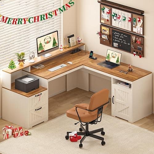 YOMILUVE 63" Farmhouse L Shaped Executive Desk with Drawers & Storage Shelf, Corner Computer Desk with Power Outlets, L Shaped Office Desk with Monitor Stand, Printer Shelf, Antique White - Image 1