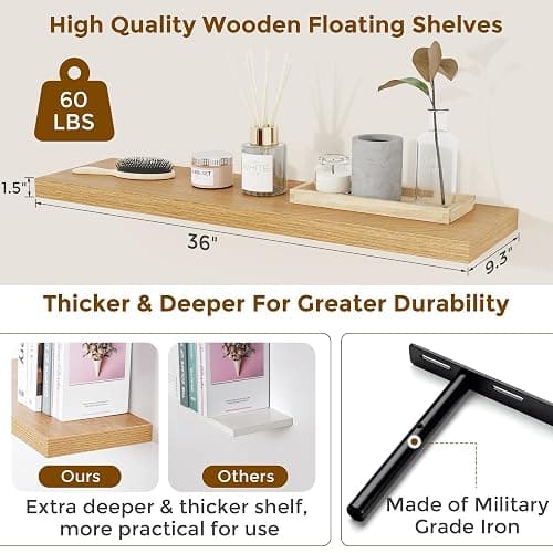 Heimlove 90 cm Floating Shelves 36 Inch Long,9.3 Inch Deep Hanging Shelves Wall Mounted Set of 2,Wood Wall Shelves for Bathroom,Kitchen,Office,Living Room Decor,Oak Color thumbnail 3