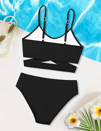AGERWAY Girls Swimsuit Bathing Suits Criss Cross Bikini Set Two Piece Girls' Swimwear Solid Color Bathing Suit 7-16T thumbnail 4