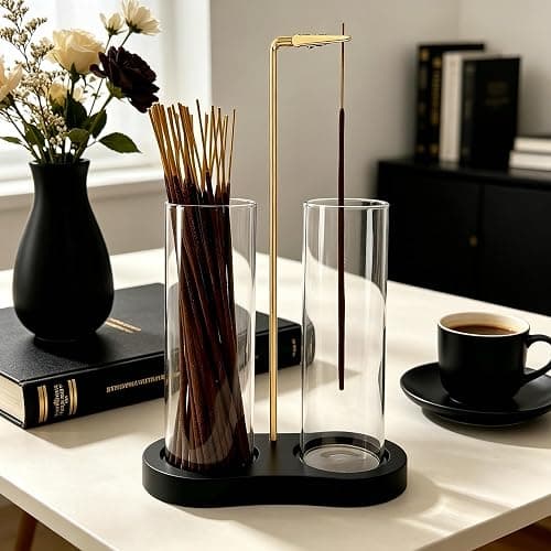 Moocervi Glass Incense Holder, Black Incense Sticks Burner Holder with Storage,Hang Upside Down Incense Holder for Sticks with Glass Ash Catcher for Meditation Yoga Spa Room Decor (Black) thumbnail 2