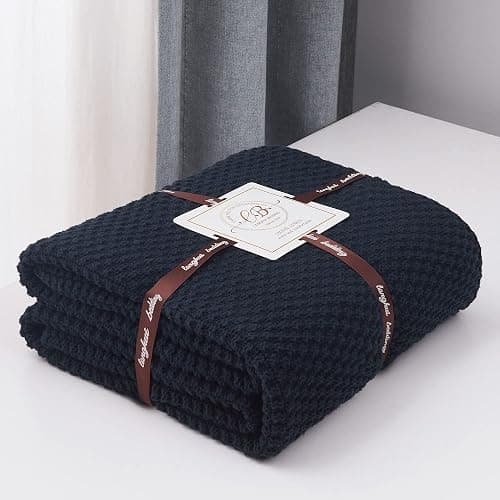 Longhui bedding Dark Navy Blue Knitted Throw Blanket for Couch, Soft, Cozy Machine Washable 100% Cotton Sofa Knit Blankets, Heavy 4.0lb Weight, 60 x 80 Inches, Dark Navy Blue Color. thumbnail 3