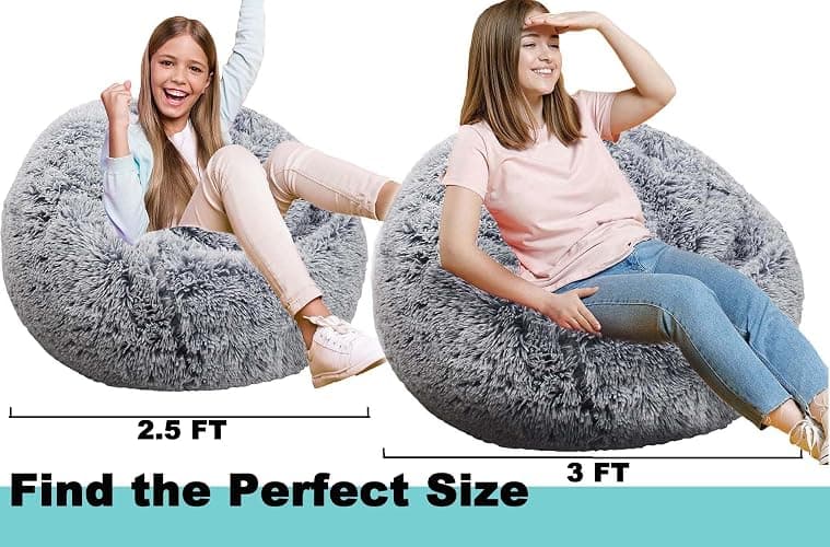 Fluffy Bean Bag Chair for Kids, 2.5FT Round Memory Foam Filled Bean Bag for Teens & Kids, Ultra Soft Faux Fur Fabric Bean Bag Chairs for Playroom, Living Room, Bedroom, Gray thumbnail 7