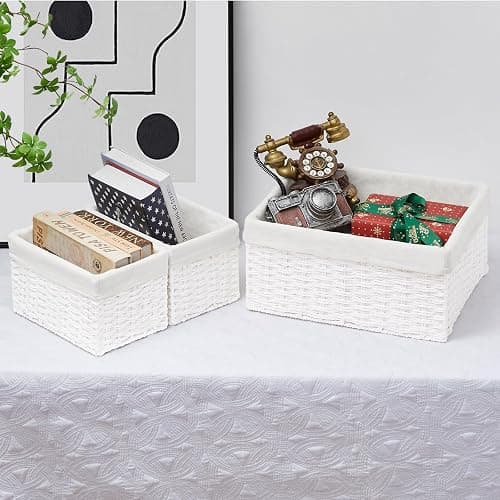 Vagusicc Wicker Basket, Set of 3 Hand-woven Storage Baskets for Organizing, Decorative Rectangle Wicker Storage Basket Bins with Handles, Small Toilet Paper Storage Baskets for Shelves & Decor, White thumbnail 7