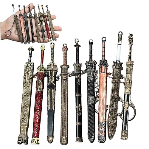 9PCS Mini Sword 4.7" Ancient Sword Keychain Zinc Alloy Key Chain Old Scabbard Decoration Pattern Keychain Uncut Blade Model for Men Women thumbnail 2