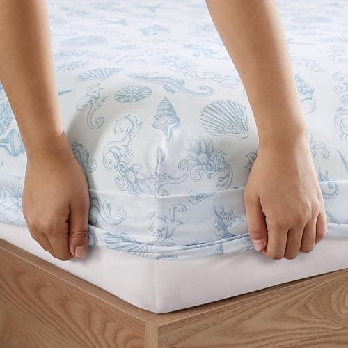 Caribbean Joe Queen Coastal Print Microfiber Sheet Set, Coastal Brocade | Soft, comfortable 100% polyester microfiber 4-piece set with 12" deep pockets and a coastal seashell pattern thumbnail 5