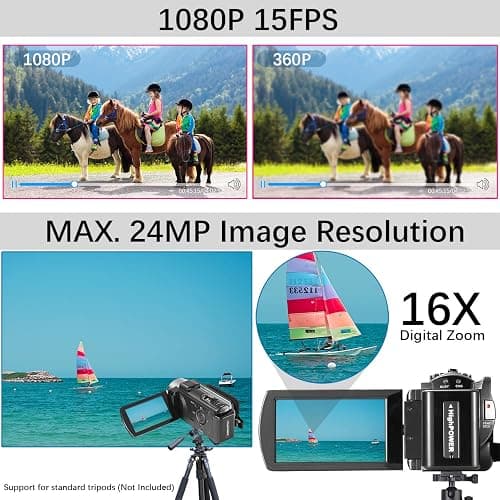 kimire Video Camera Camcorder Digital Camera Recorder Full HD 1080P 15FPS 24MP 3.0 Inch 270 Degree Rotation LCD 16X Digital Zoom Camcorder Camera with 2 Batteries(Black) thumbnail 3