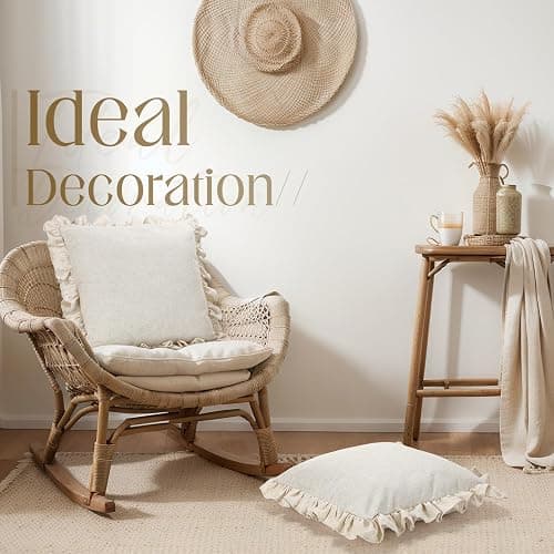Fiwochic Set of 2 Cream White Ruffle Throw Pillows with Inserts Decorative Linen Zippered Pillows 18 x 18 Inch Include Detachable Pillowcase and Non Woven Fabric Inserts for Cushion Bed Couch Sofa thumbnail 7