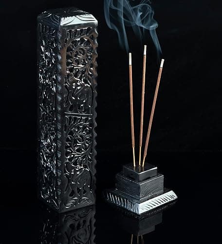 Crocon Black Marble Soapstone Incense Stick Burner Square Shape Leaf & Half Wheel Carving Tower Burner | Tea Light Candle Holder | Decorative Home & Kitchen Size - LxWxH 3X3X11 Inch thumbnail 5