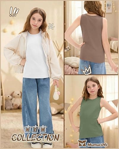 Mumucove 4 Pack Girls' Ribbed Tank Tops Crew Neck Fitted Sleeveless Undershirts Kids Casual Basic Camisole 5-14 Years thumbnail 5