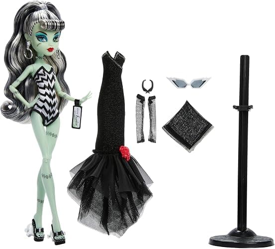 Monster High x Barbie Frankie Stein Doll with Original Barbie-Inspired Swimsuit and Solo in The Spotlight Black Evening Dress and Accessories thumbnail 6