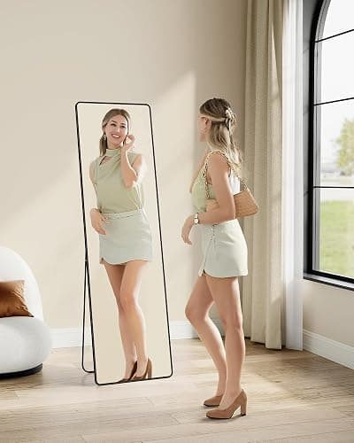 SONGMICS Full Length Mirror, 160 x 50 cm, Rectangle Full Body Mirror with Stand, Aluminium Alloy Frame Floor Mirror, Tempered Glass, for Bedroom, Living Room, Cloakroom, Ink Black LFM030B01 thumbnail 2