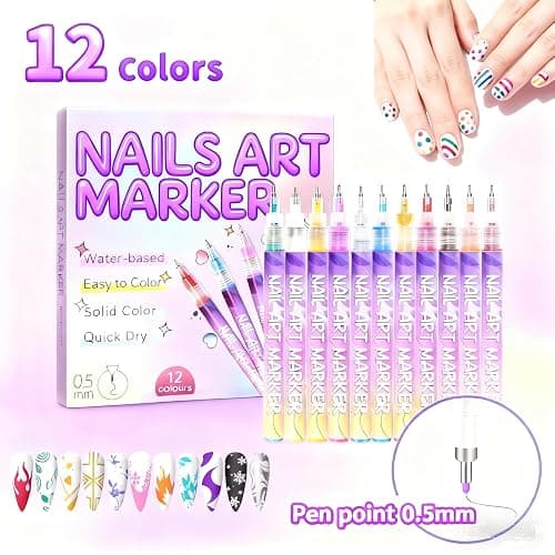Nail Art Pens & Nail Art Markers Set, 12 Color Professional Fine Tip Nail Polish Pens for 3D Designs, DIY Nail Art Kit for Beginners & Kids thumbnail 4