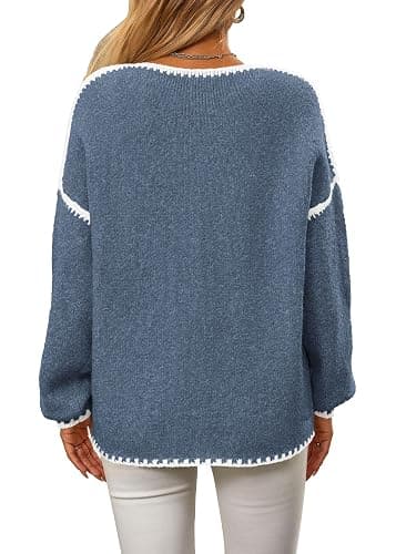 KIRUNDO Womens Sweaters 2025 Fall Oversized Long Sleeve Chunky Knit Crew Neck Contrast Stitching Pullover Winter Clothes thumbnail 2
