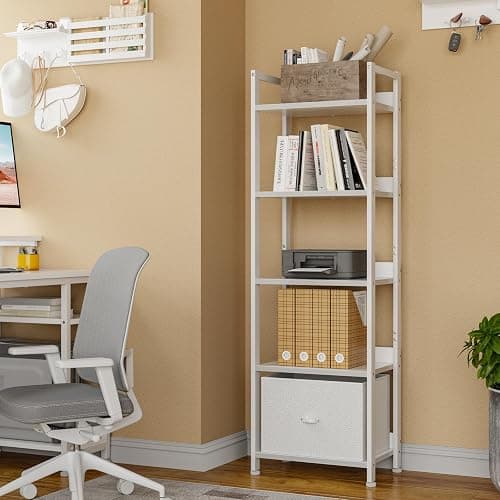 Furologee 5 Tier Bookshelf with Drawer, Tall Narrow Bookcase with Shelves, Wood and Metal Book Shelf Storage Organizer, Modern Display Standing Shelf Unit for Bedroom, Living Room, Office, White thumbnail 7