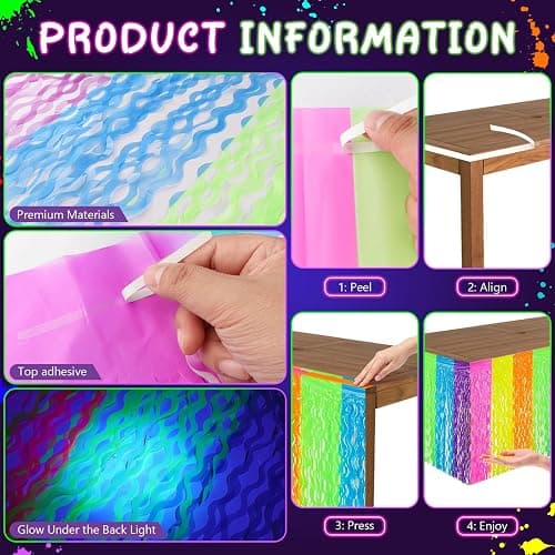 Fayoo 2 Pack Neon Glow Wavy Foil Fringe Table Skirts, 31.5x118 In | 6 Vibrant Colors, Glow in the Dark Party Supplies, Neon Party Decorations, Party Table Decor, Neon Tablecloths thumbnail 4
