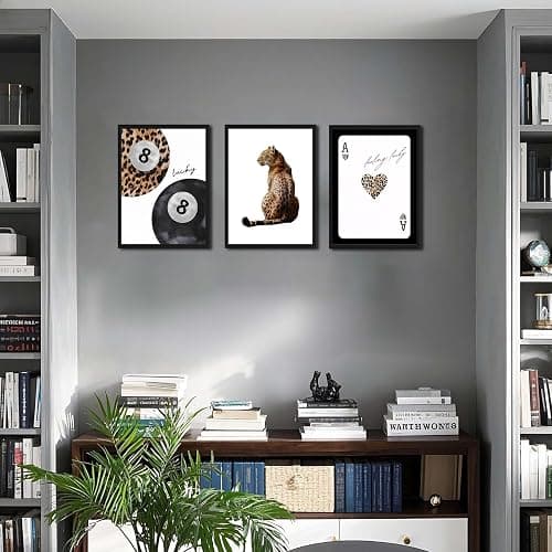 Framed Trendy Leopard Wall Art Set of 3, Funky Preppy Cheetah Wall Decor Paintings, Fashion Lucky 8 Posters Prints Pictures for Living Room Bedroom Dorm 12x16 Inch Black Wood Frame thumbnail 8