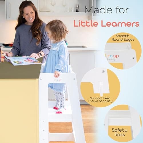 KRISTEN, JD + JACK: Stepup Baby Toddler Step Stool - Adjustable Height Kids Helper Step Stool, Durable, Non-Slip Platform for Bathroom Sink & Kitchen Counter, Toddler Tower for Exploration and Growth - White thumbnail 5