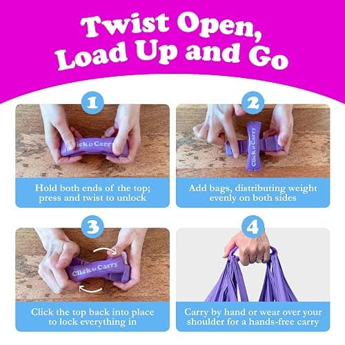 Click & Carry Grocery Bag Carrier Handle - Carry More in Fewer Trips, 100lb Capacity, Hands-Free, Gel-Padded Ergonomic Design, Shopping & Grocery Bag Holder - As Seen On Shark Tank, Purple, 2 Pack thumbnail 6