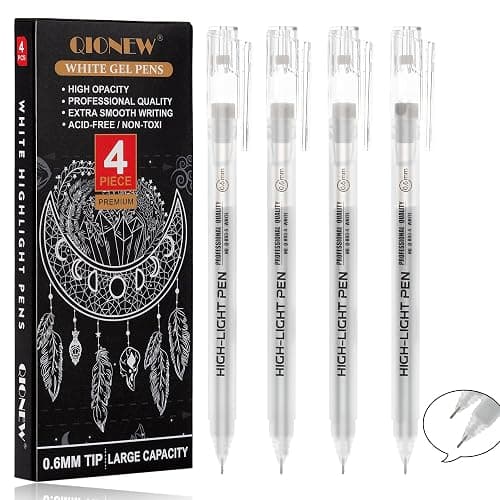 Qionew 0.6mm Fine Point White Gel Pens, 4 Pcs White Gel Pen Set for Artists | White Pens for Artists Drawing, Adult Coloring Books, Opaque White Ink for Black Paper,Sketching, Bullet Journaling - Image 1