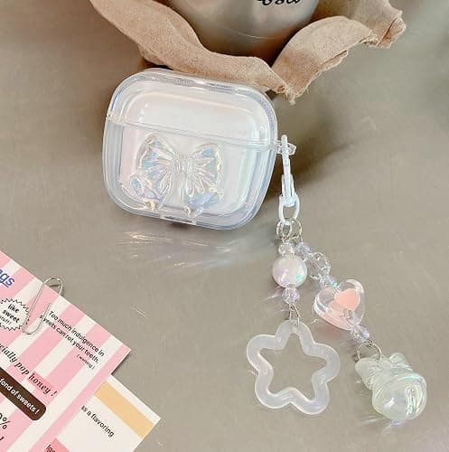 JANDM for AirPods 4 Case with Keychain,Shockproof Soft Clear Cute 3D Crysta Bowknot Design Cover with Bling Heart Beads Keychain for AirPods 4nd Generation -Bowknot thumbnail 3