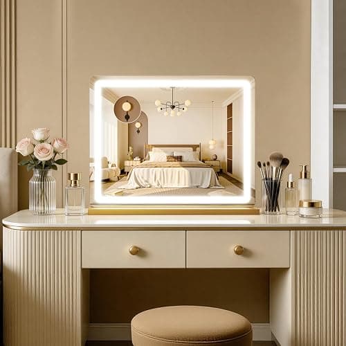 ROLOVE 23"x18" Gold Vanity Mirror with Lights, Large Lighted Makeup Mirror with 10X Magnifier, 3 Color Lighting & Stepless Dimming, Wall Mounted or Tabletop Desk Mirror for Bedroom thumbnail 3