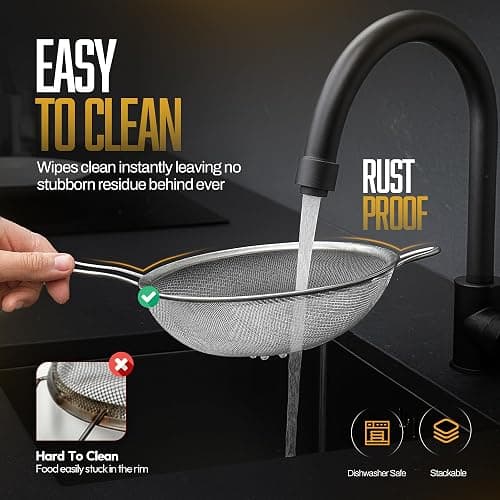 ELEEN Premium Stainless Steel Fine Mesh Strainers for Kitchen 3-Piece Set with Non-Slip Handle, Small, Medium & Large Sieves, Colanders and Sifter for Sifting, Straining, Pastas Tea, Rice Vegetables thumbnail 8