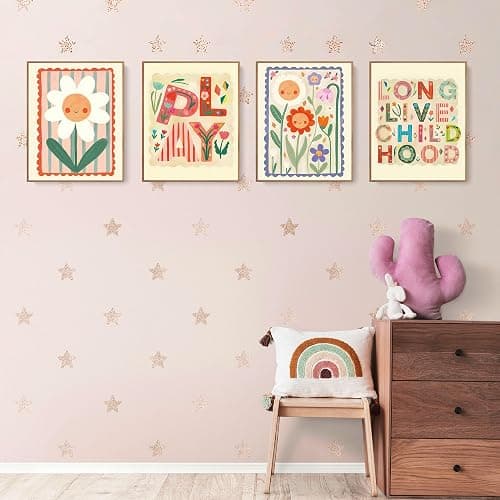 LARTSFRO Cute Kids Floral Wall Art Decor Posters, Smile Floral Artwork Room Bedroom Bathroom Playroom Wall Art Decor Aesthetic for Toddler Nursery Kids Gifts, Play Room Decor for Kids Colorful Wall Decor, 10x8 Inch Set of 4 Pcs Pictures (UNFRAMED) thumbnail 3